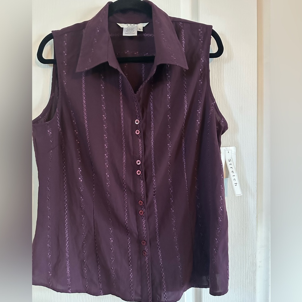 NWT Vintage Como by Fred David Stretchy Plum Button-Down Sleeveless Blouse